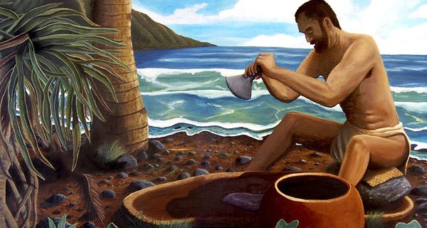 A painting of a hawaiian man pounding poi in hawaii